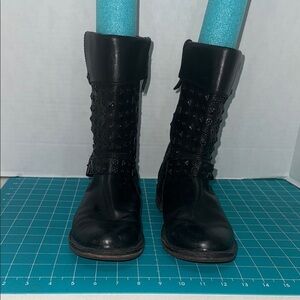 UGG Australia Conor Studded Black Leather & Shearling Moto Mid Calf Boots Size 9
